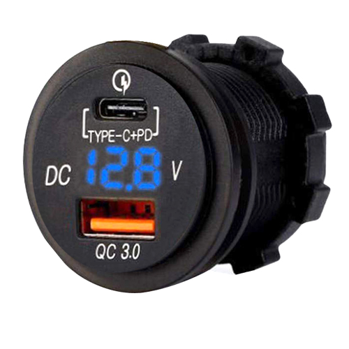 USB Charging Dual Ports, Round,A = 5 VDC @ 2.0A &                         A = 5 VDC @ 1.0A w/ Digital Voltage Display